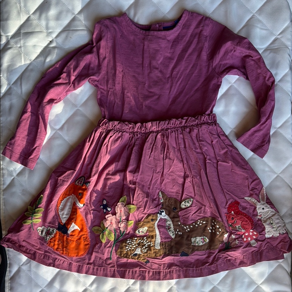 Mini Boden Red and Purple Fall Animal embroidered Long Sleeve dress.